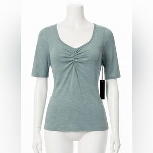 Rachel Roy Teal Green Stretch Blouse XS 3/4 Sleeve Fall Minimalist Top $88 NEW